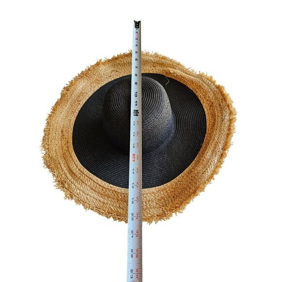 BCBGMAXAZRIA Black & Natural Frayed Brim Sun Hat 80% Paper 20% Raffia Womens - Picture 7 of 7